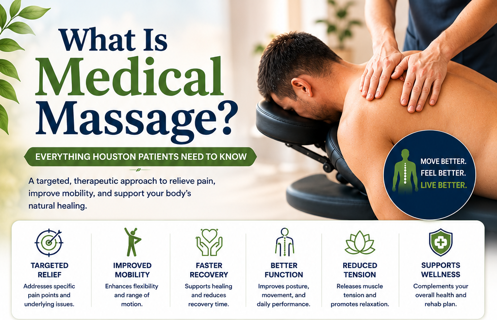 An informational graphic titled "What Is Medical Massage?" that shows a man receiving a therapeutic shoulder massage. The image highlights six core benefits of the treatment: Targeted Relief, Improved Mobility, Faster Recovery, Better Function, Reduced Tension, and Supports Wellness.