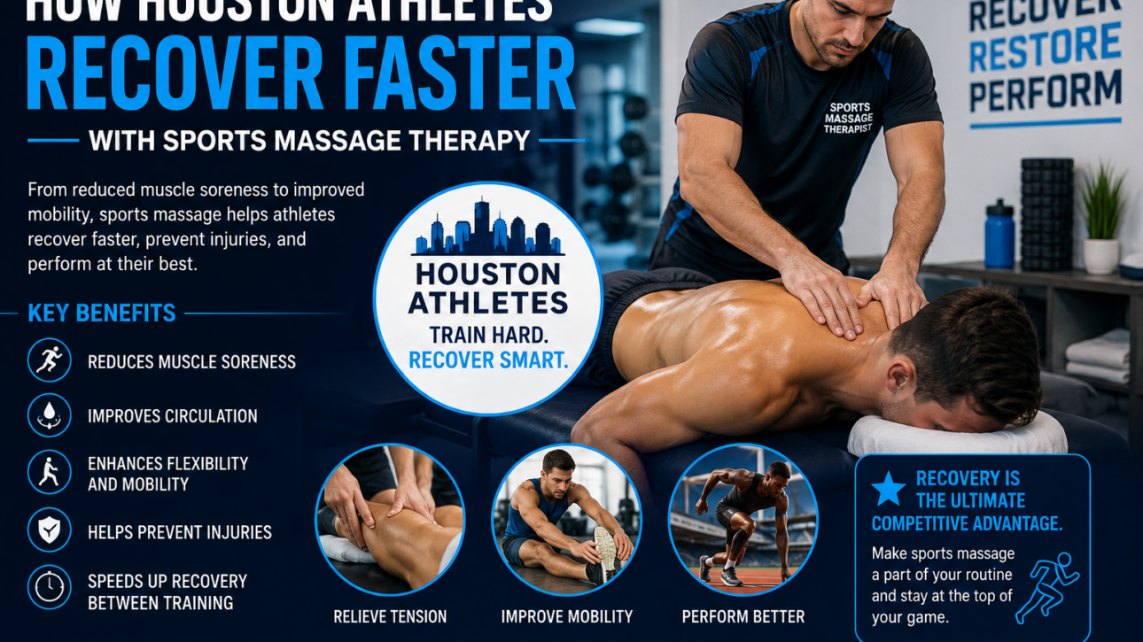 Sports massage therapist treating an athlete in a modern clinic, highlighting how sports massage helps Houston athletes recover faster, improve mobility, reduce soreness, and enhance performance.