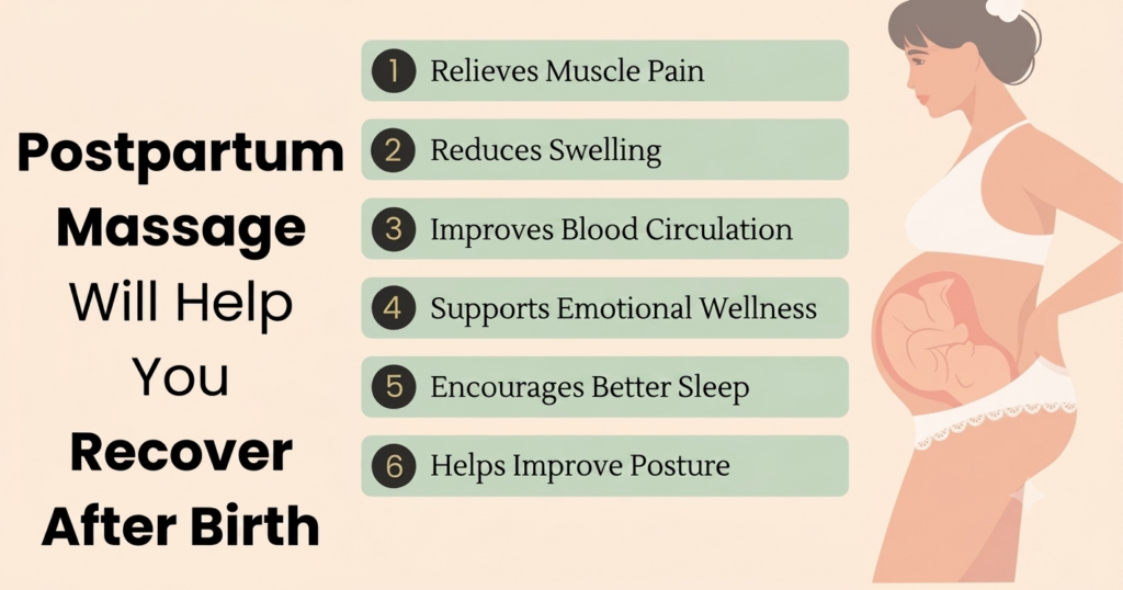 An infographic detailing six benefits of postpartum massage for birth recovery, featuring an illustration of a pregnant woman.