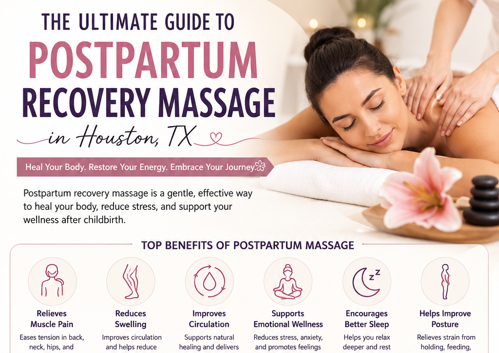 Postpartum recovery massage in Houston TX infographic showing benefits, recovery tips, and a relaxing massage for new mothers.