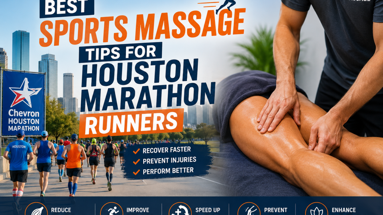Sports massage therapist treating a Houston marathon runner to aid muscle recovery, improve performance, reduce soreness, and help prevent running injuries before and after race day.